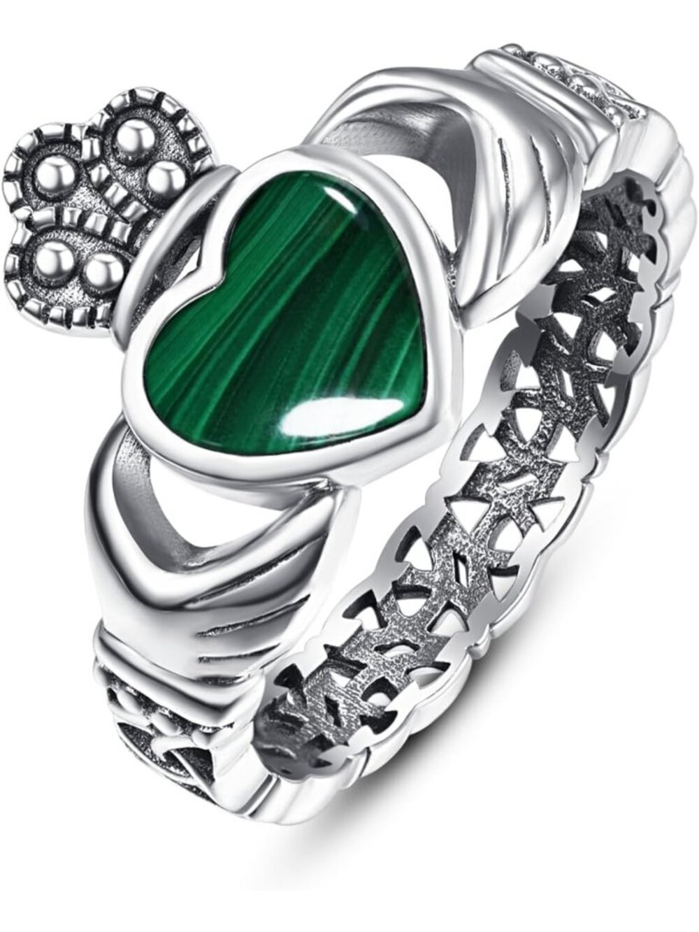 Turquoise Malachite Black Onyx Claddagh Ring - 925 Sterling Silver Celtic Knot